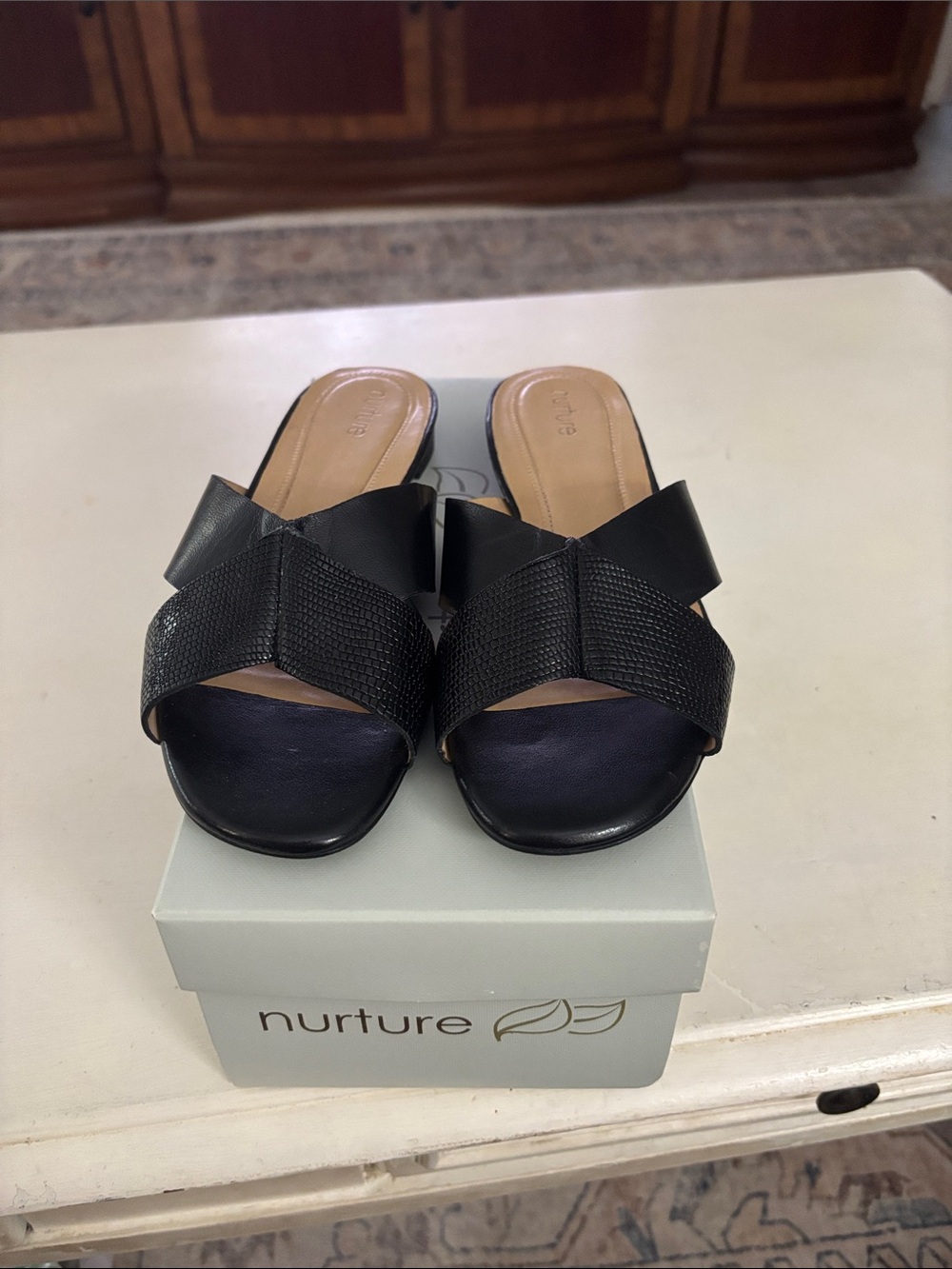 Nurture Natalia Black Crossband Slide Mules